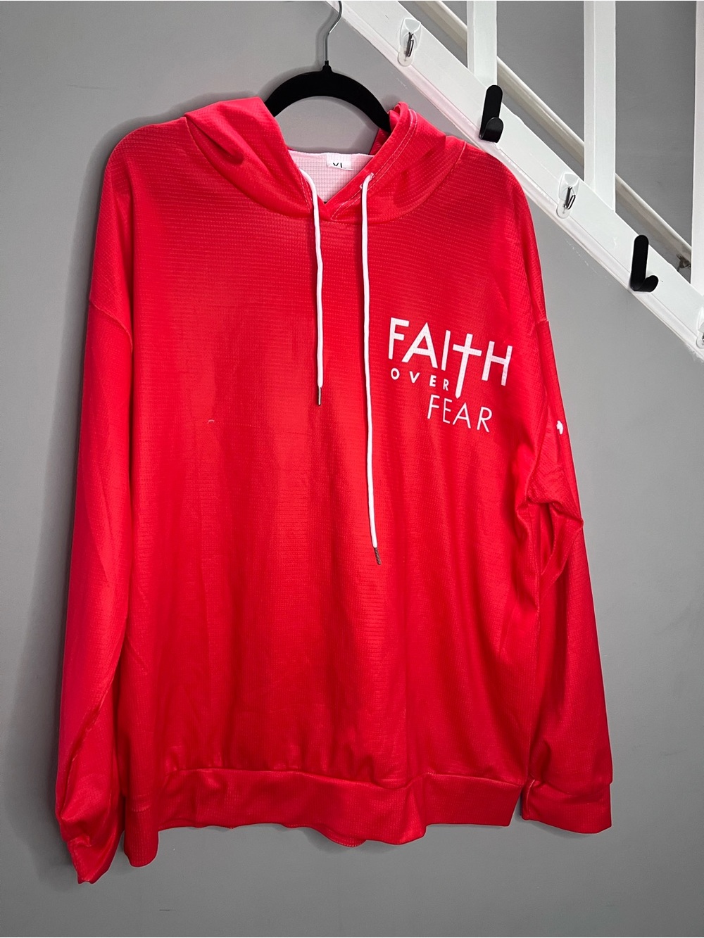 0017: Flawed NWOT Faith Over Fear Christian graphic pullover hoodie vibrant red
